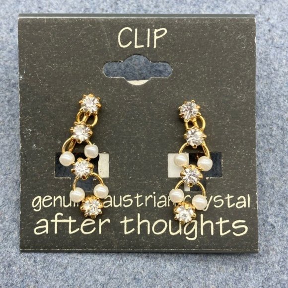 After Thoughts Clip On Earrings Dangle Pearl Austrian Crystal Gold Lever Screw - Picture 1 of 4